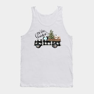 Merry Christmas Vintage Black Buffalo Plaid Truck Women Kids Tank Top